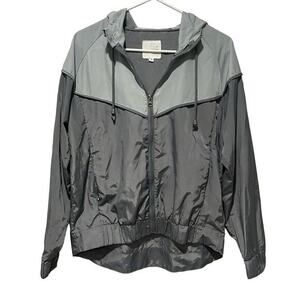 Thread & Supply Windbreaker Nylon Jacket Gray Silver Hooded Rain S EDM Chrome